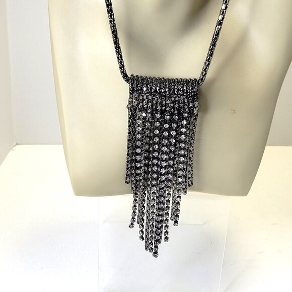 Gunmetal Tone Long Necklace with Crystal tassels - Picture 8 of 16